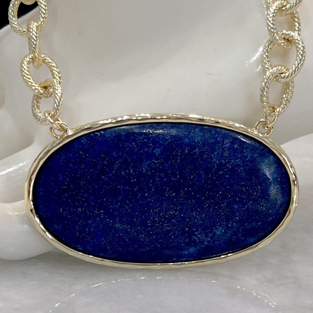 Lapis Lazuli Oval Pendant Fancy Chain Necklace - Picture 3 of 12